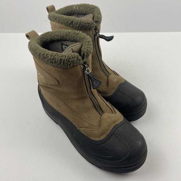 COLUMBIA Cascadian Snowchill Snow Boots Womens 7.5 Leather Thermolite Tan Zip Up - Picture 1 of 9
